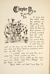 Cartas pintando la rosa blanca de rojo, ilustración de Las aventuras de Alicia bajo tierra, publicado en 1886